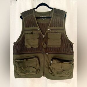 Olive Green Fishing Utility Vest with multiple pockets inside and out. Size XXXL